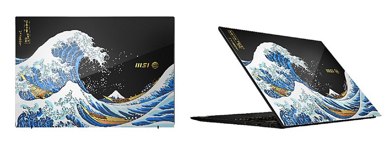 Az MSI és az Okadayo korlátozott kiadású lakkozott laptop kialakítása Hokusai ikonikus, a Kanagawa -i nagy hullám felhasználásával.
