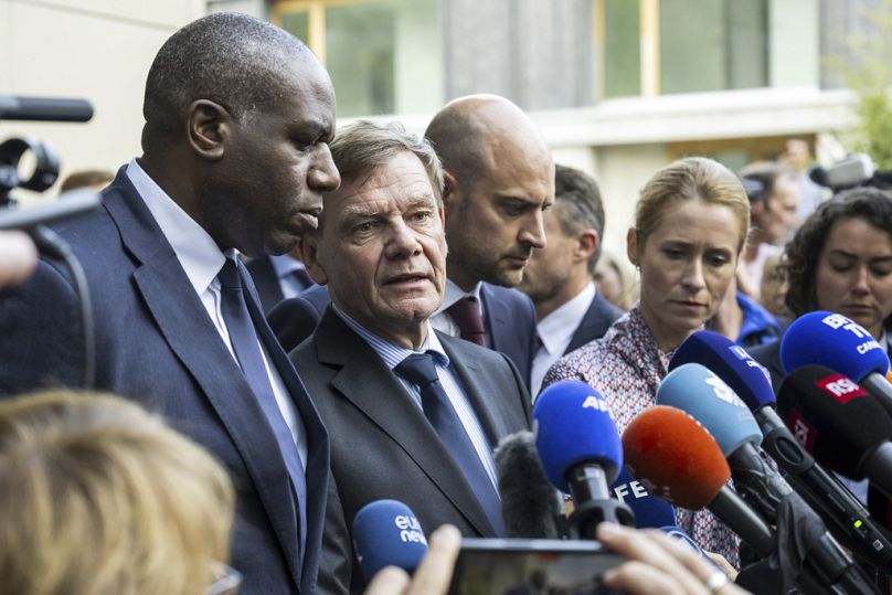 Der Britische außenminister David Lammy, Der Deutsche außenminister Johann Wadephul, Der Französische außenminister Jean-Noel Barrot und Die Eu-außenbeauftragte Kaja Kallas.