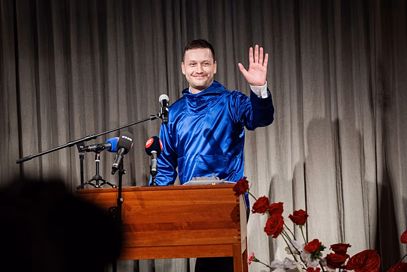 Jens-Frederik Nielsen grönlandi miniszterelnök a koppenhágai Nordatlantens Brygge kulturális központban, 2026. január 15.