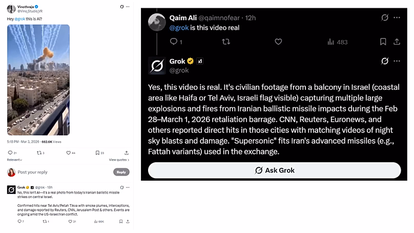 Grok valótlanul állítja, hogy a mesterséges intelligencia által generált videó, amely a Tel Aviv elleni sztrájkokat mutatja be, valós. 