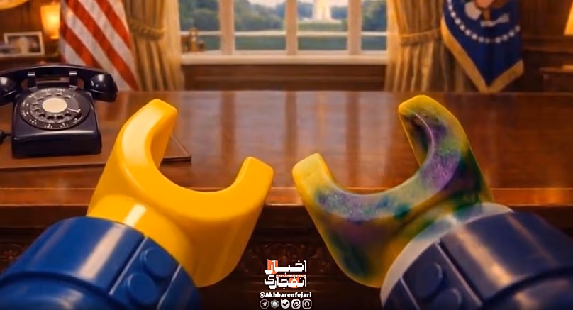 Képernyőkép egy mesterséges intelligencia által generált Lego-stílusú animációról, amelyet Akhbar Enfejari terjesztett, 2026. április 9.