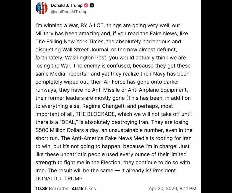 Képernyőkép Donald Trump amerikai elnök Truth Social bejegyzéséről, 2026. április 20