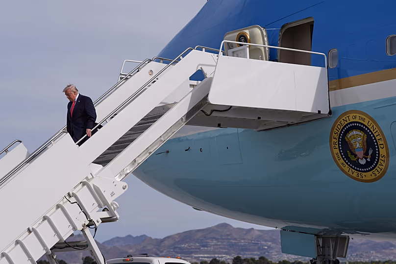 US President Donald Trump arrives on Air Force One at Harry Reid International Airport in Las Vegas, 16 April 2026