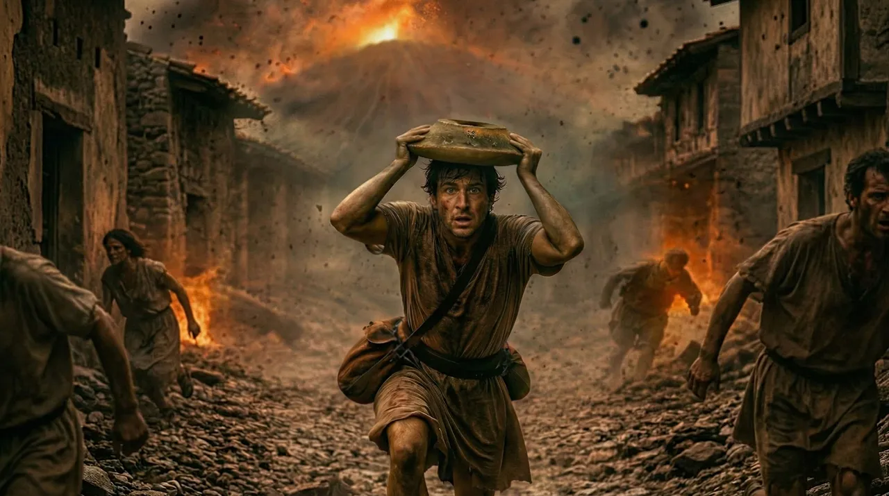 AI rekonstrukciója a Pompejiből menekülő férfinak, miközben mozsárral védi magát