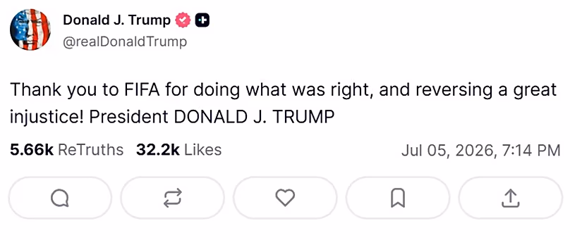 Képernyőkép Donald Trump amerikai elnök Truth Social fiókjában található bejegyzésről, 2026. július 6.