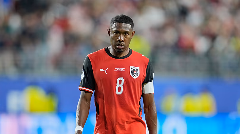 Az osztrák David Alaba akcióban a Jordánia elleni világbajnokság J csoportjában a kaliforniai Santa Clarában, San Francisco közelében, 2026. június 16-án, kedden